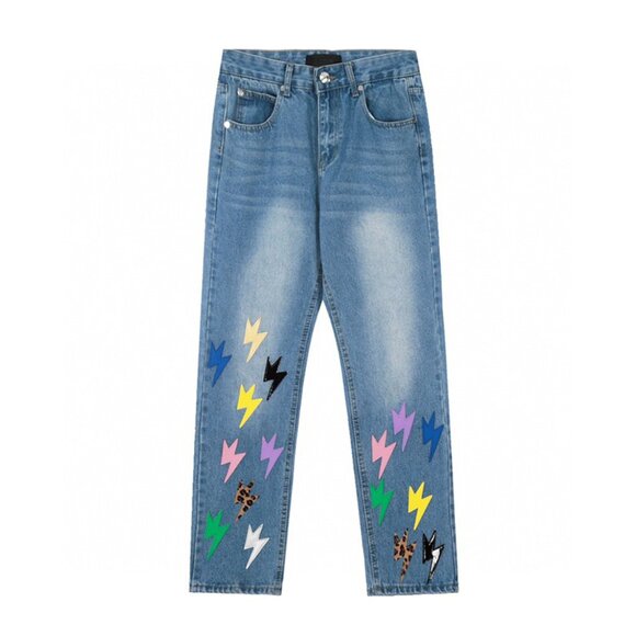 Colorful Lightning Patch Distressed Blue Jeans Amexnocap